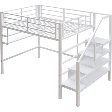 Lit mezzanine, 140200cm, étagères, escalier de rangement, espace libre sous le lit pour se déguiser, garde-corps, sans matelas, Blanc (1/5)