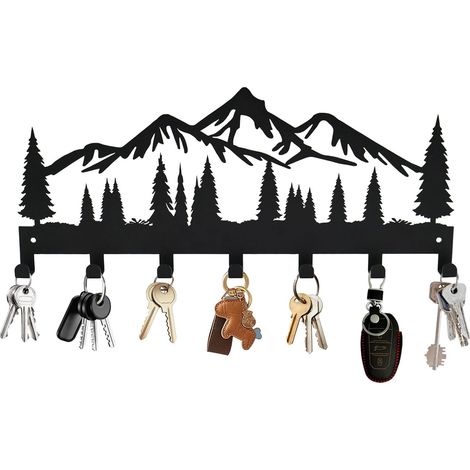 Porte-clés Murale - Porte-clés en Métal avec 7 Crochets - Pour Clés Manteaux Sac - Déco d'Entrée Couloir Cuisine Salon - 30 cm - Motif Montagne (1/5)