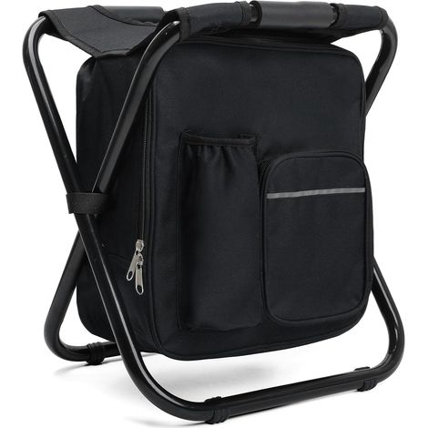 40CM Tabouret Pliable Camping avec Sac Isotherme 15L, Siege de Peche avec Sac à Dos, Compact et Fonctionnel, Chaise Pliante pour Chasse Pique-Nique, Noir
