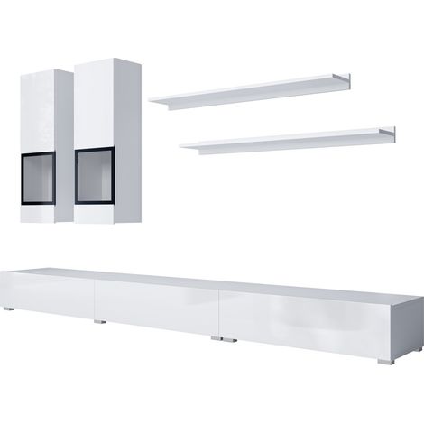 Wandkomposition RAMOS – Farbe Weiß – XL TV-Möbel, 2 Vitrinen und 2 Regale – Design