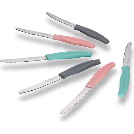 Set de 6 couteaux à pain acier inoxydable avec bord dentelé, manche en plastique, 2 roses, 2 gris et 2 turquoises (1/5)