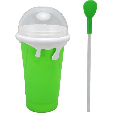 Wiederverwendbarer Smoothie-Becher aus weichem Silikon, unzerbrechlich, spritzwassergeschützter Deckel mit doppelseitigem Strohhalm für selbstgemachte Smoothies, Grün (1/5)