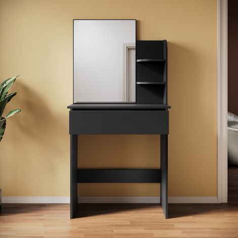 Sirhona – Coiffeuse moderne avec miroir – 1 tiroir et 3 compartiments – Noir – Dimensions W700xD400xH140mm – MFC de haute qualité (1/4)