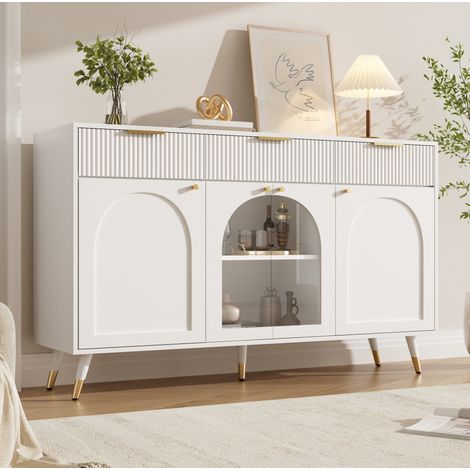 MODFU – Aparador 140x40x85,5 cm de MDF con 4 puertas de acrílico, 3 cajones y bisagras amortiguadas – Blanco (1/5)