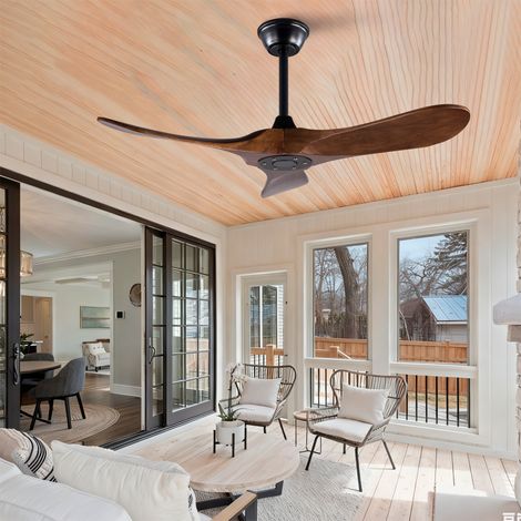 Ventilateur de plafond 107 cm avec 3 pales en bois – Design hélice, mémoire, télécommande, finition noyer, int/ext pour terrasse, salon, chambre , 107 x 107 x 32 cm (1/5)