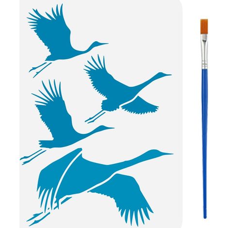 Pochoir de Grue Volante Avec Pinceau 21X29.7cm Modèle de Silhouette de Grue Pochoir à Motif de Grue Creuse Modèle de Thème Animalier Pochoir D'Oiseaux Volants pour Décor Meubles de Sol (1/5)