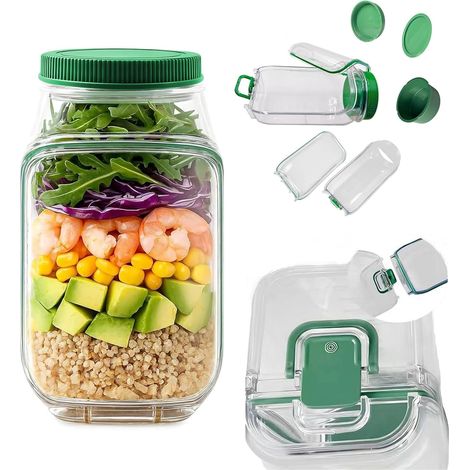Salatglas-Pod Mason Jar seitlich zu öffnender Behälter mit doppelt auslaufsicherem Design, tragbares Salatglas mit Dressingbecher und Deckel, wiederverwendbarer Salatbehälter für Büro, Fitnessstudio, (1/5)