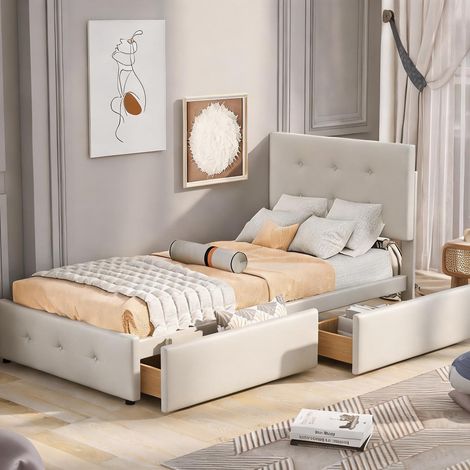 Cadre de lit beige en upholstered 210 x 99 x 106 cm (1/5)