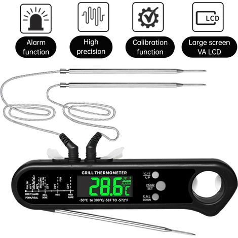 Digital meat thermometer for cooking, battery powered, dual probe, 2-3 s instant reading, with magnetic alarm and bottle opener, LCD screen, for oven, barbecue, kitchen or outdoor use (1/5)