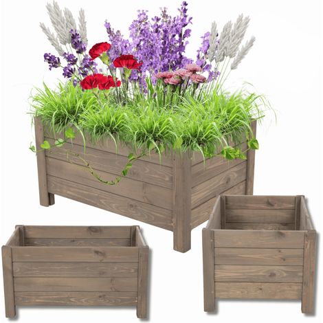 MODO24 Jardinière sur pieds en bois de pin, bac à fleurs jardin/balcon/terrasse, pour fleurs & herbes, 31x60x40 cm, gris imprégné (1/5)