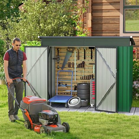 Abri de jardin métallique avec porte avant, porte latérale et toit en appentis, remise à outils - vert (1/3)