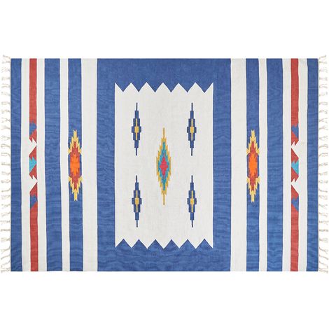 Alfombra kilim de algodón azul blanco rojo 200 x 300 cm a mano geométrico borlas Varser