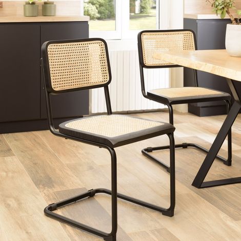 PIERRE - Lot de 2 chaises assise bois noir/cannage naturel pieds métal (1/5)