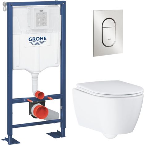 Grohe Pack Inodoro suspendido sin aro Essence + asiento + placa cromada + estructura Grohe (1/4)