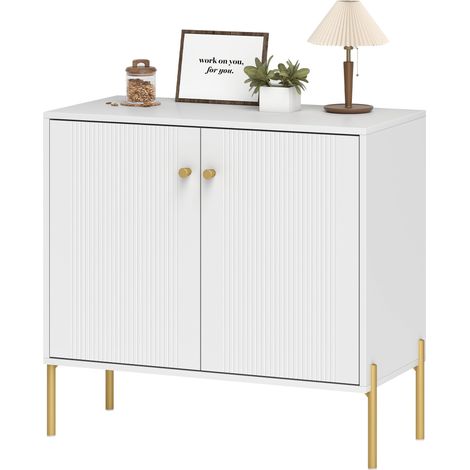 Weißes Sideboard, 80 cm breit, Wohnzimmermöbel mit geriffelten Türen, verstellbarem Einlegeboden und Stahlbeinen