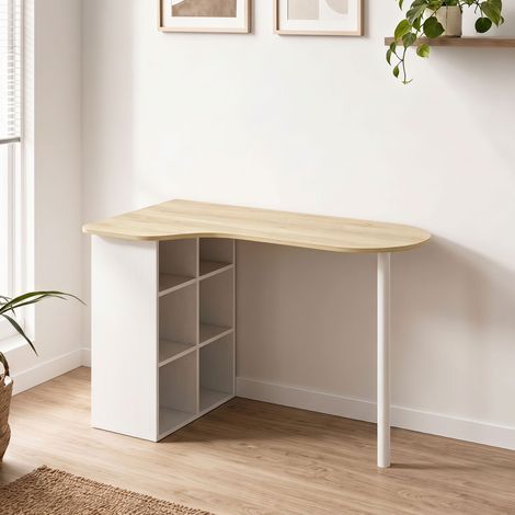 Bureau irrégulier table d'ordinateur 100 x 59 cm avec 6 compartiments, 4 étagères réglables et cadre en acier, chêne