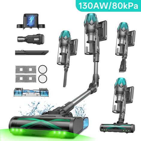 VACTIDY Blitz V15 MAX - Aspirateur Balai Sans Fil - 80kPa/130AW - 1.5L - 65min - Aspiration et Lavage Combo - Tube Flexible - Écran LED - Brosse Anti-Emmêlement - Technologie DualGreen
