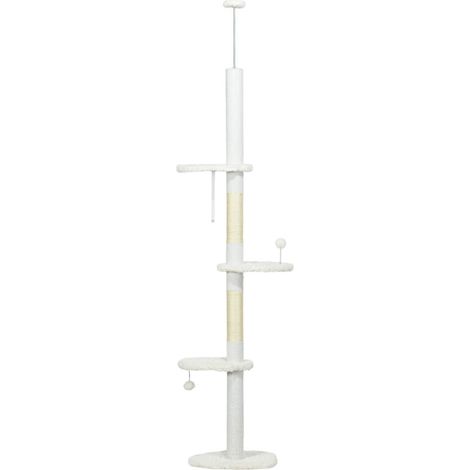 Arbre à chat à hauteur réglable de 225 à 255 cm. Tour à chat avec 3 poteaux à griffer et 2 balles. Dimensions : 48 x 32 x 225-255 cm. Couleur : blanc. (1/5)