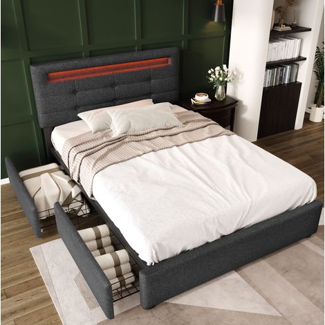 Lit simple capitonné moderne 90x200 cm gris avec LED, 2 tiroirs, tête de lit réglable et matelas ressorts (1/5)