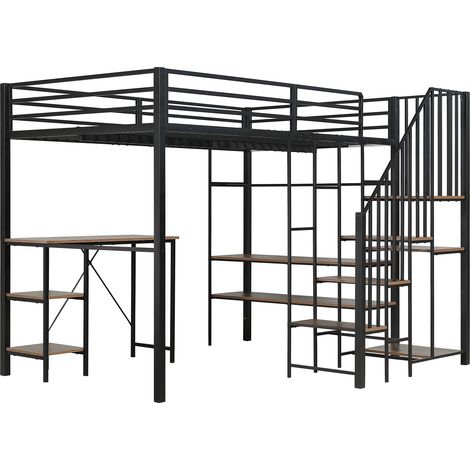 Schwarzes Metall-Hochbett 120 x 200 cm mit Schreibtisch, Regalen und Kleiderschrank MODENUIT (1/5)
