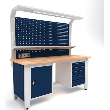 Établi d'atelier industriel 2000 mm PRACO W T34 – Plateau en hêtre massif - Éclairage LED - Tiroirs et armoire MW Tools PRAW2000T34 (1/3)