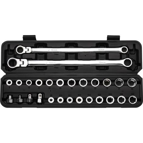 Lot de 27 clés à cliquet à tête flexible extra longue, 14 et 19 mm, jeu de clés à cliquet à double extrémité avec têtes de rechange de type E 8-22 mm, 72 dents, acier CR-V (1/5)