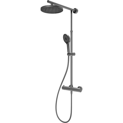 Schulte – Colonne de douche thermostatique – Pommeau rond orientable – Douchette à main ronde – Corps en laiton gun métal – Blocage à 38° C