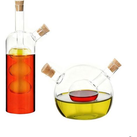 Flacon Huile - Flacon Vinaigre - Lot De 2 - Verre Borosilicaté - Bouchon Liège - 21 x 5,5 cm Et 9 x 9,5 cm - Transparent Et Brun (1/5)
