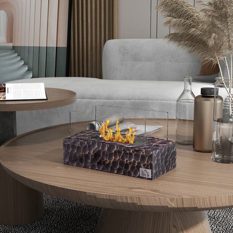 Cheminée bioéthanol de table avec brûleur de 1,15 L et autonomie de 30 à 45 minutes. Panneau de verre et extincteur inclus. 33 x 16 x 18 cm. Noire.