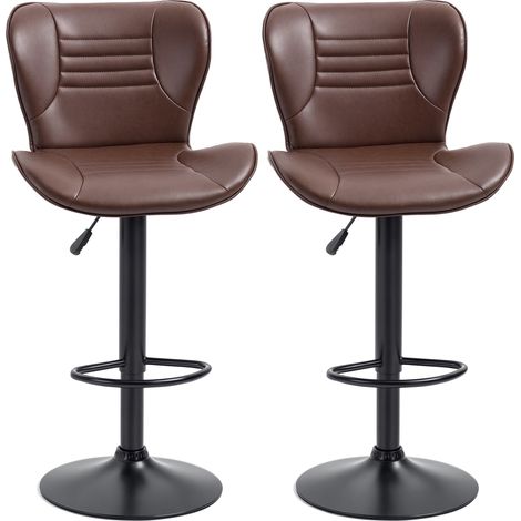 Set aus 2 hohen Barhockern aus Kunstleder, Küchenhocker mit verstellbarer Höhe, drehbarem Sitz und Fußstütze, Braun