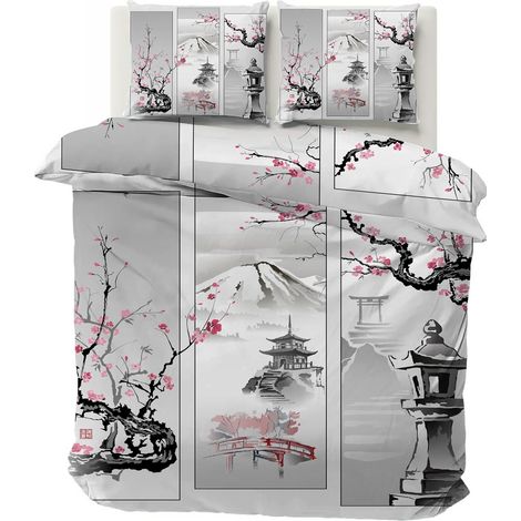 Housse de Couette 220x240 Japonais Parure de Lit Adulte Réversible avec Fermeture Éclair, Housse de Couette 2 Personnes Imprimée Mont Fuji Fleur de Cerisier et 2 Taie d'oreiller 65x65 cm (1/5)