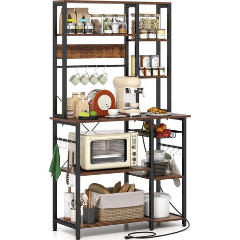 COSTWAY Scaffale da Cucina Salvaspazio, Scaffale a 6 Ripiani per Microonde con Stazione di Ricarica, Ganci a S e Cestino a Rete, Mobile da Cucina per Elettrodomestici, Pentole e Spezie (1/5)