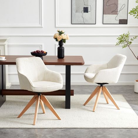 Lot de 2 chaises pivotantes de salle à manger,56x44x84cm,fauteuil rétro chic pour salon et bureau,en velours rembourré, blanc cassé et bois (1/5)