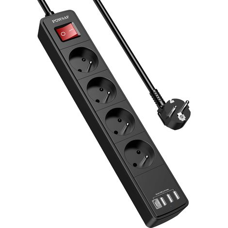 Prise Multiple 8-en-1, Bloc de Prises Électrique 4 Prises + 4 USB, 3680W/230V, Interrupteur, pour Maison/Bureau - Noir (1/5)