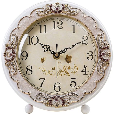 Horloge de table vintage, style européen rétro, sans tic-tac, horloge de bureau, fonctionne avec piles, mouvement à quartz silencieux pour chambre à coucher, salon, décoration intérieure (blanc (1/5)