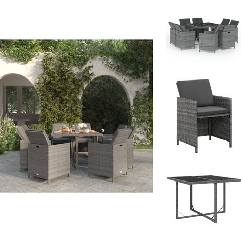 9-tlg. Garten-Essgruppe mit Auflagen Poly Rattan Grau - Gartengruppe - Essgruppe - Gartenmöbel - Rattan Möbel - Outdoor Möbel (1/5)