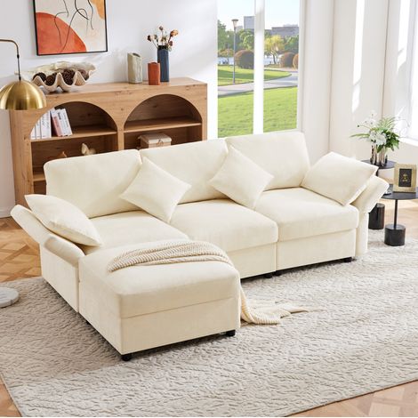 Canapé d'angle modulable 3-4 places avec pouf, 4 coussins et accoudoirs réglables, beige HAVRYA (1/5)