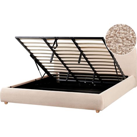 Beliani Ottoman Bed Beige Boucle 180x200 Minimalist Storage EU Super King Fabric, With Storage, Holds up to 300 kg, 200 x 228 x 98 cm, 100% Polyester BLAGNAC