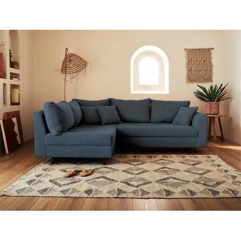 Lisa Design – Canapé d'angle gauche 4 places en velours côtelé – Structure en bois massif – Assise mousse 30Kg/m3 – Bleu nuit – Design moderne
