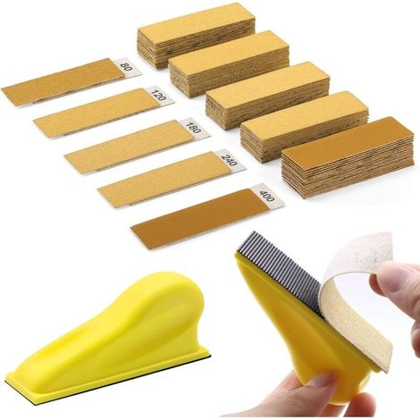 Kit de Ponçage manuel Micro Ponceuse avec 50 Feuilles de Papier 120 à 400 Grain Papier de Verre pour Cale a Poncer Carrosserie (1/5)