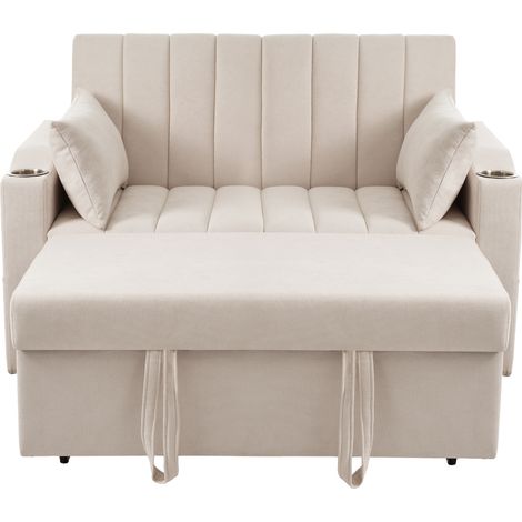 Sofá cama multifunción de 2 plazas beige con respaldo reclinable y portavasos (1/5)