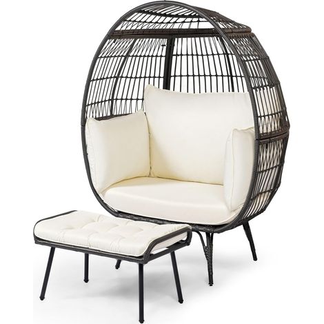 Poltrona a uovo con pouf, poltrona da giardino in vimini a 2 pezzi con morbidi cuscini, struttura in metallo e poggiapiedi, per soggiorno e giardino (1/5)