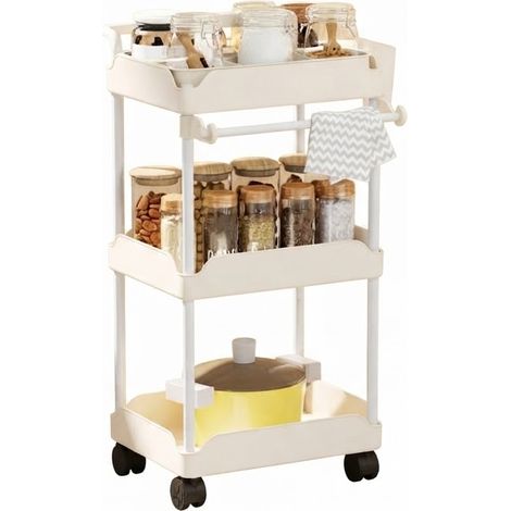 ELVMI Carrello da Cucina con Ruote, 3 Cestelli, Porta Asciugamani, 2 Cestelli Sospesi e Maniglia, Metallo, Bianco (1/5)