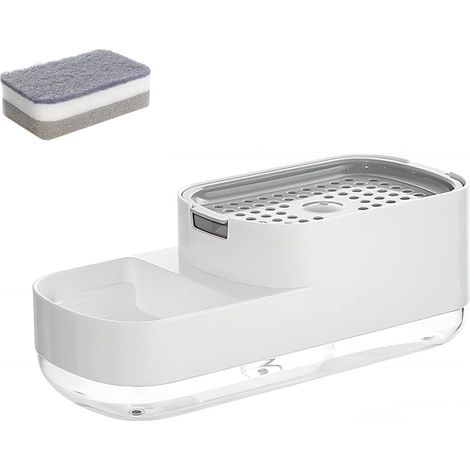 2-in-1-Seifenspender: Schwammhalter, Seifenspender, Abtropffläche, inklusive Schwamm, freistehend, Druckknopfbedienung, Küchenzubehör, Spülbecken. – AquaForge (1/5)