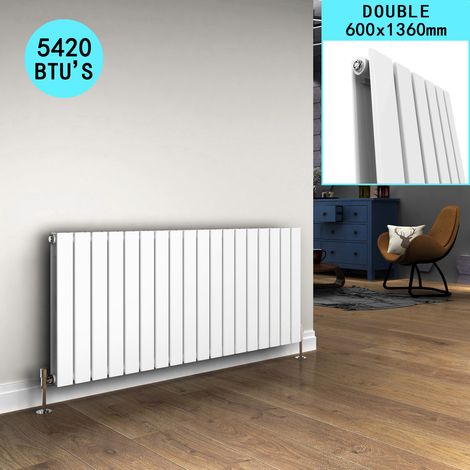 ELEGANT 600 x 1360 mm White Column Radiator Horizontal Double Flat Panel Designer Horizontal Radiator with Angled Radiator Valves
