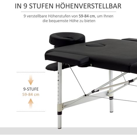Table de massage pliable 2 zones, revêtue en cuir synthétique noir, avec repose-tête, accoudoirs et housse de transport. Banc de massage ajustable en hauteur, 90 cm de large, capacité max 225 kg. (1/4)
