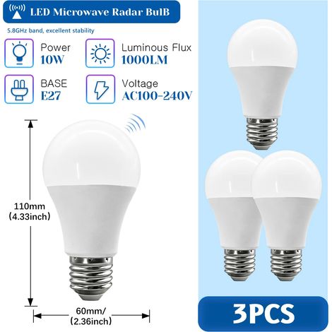 (3 unités, lumière naturelle 4000K) Ampoule radar à micro-ondes avec détecteur de mouvement, 10 W, 1000 lm, sans scintillement (1/5)