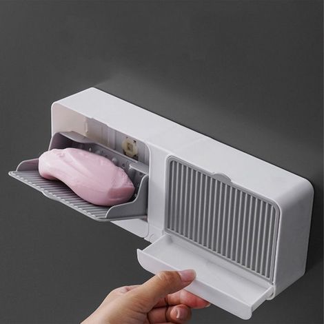 Porte-Savon Mural - Double Compartiment - Avec Couvercle Et Égouttoir - Plastique Blanc - 1 Pièce (1/5)