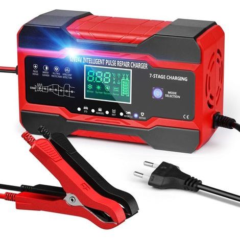 10A 12V/24V Autobatterieladegerät, intelligentes Ladegerät für Autos und Motorräder mit Touchscreen-LCD und 5 automatischen Reparaturmodi, Rot (1/5)