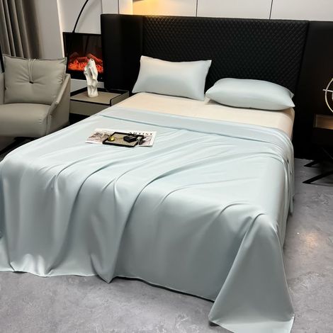 Drap Housse 160x220 cm, Drap Plat en Soie Glacée Fraîcheur pour Été, Housse de Lit Double Couleur Unie Style Luxe